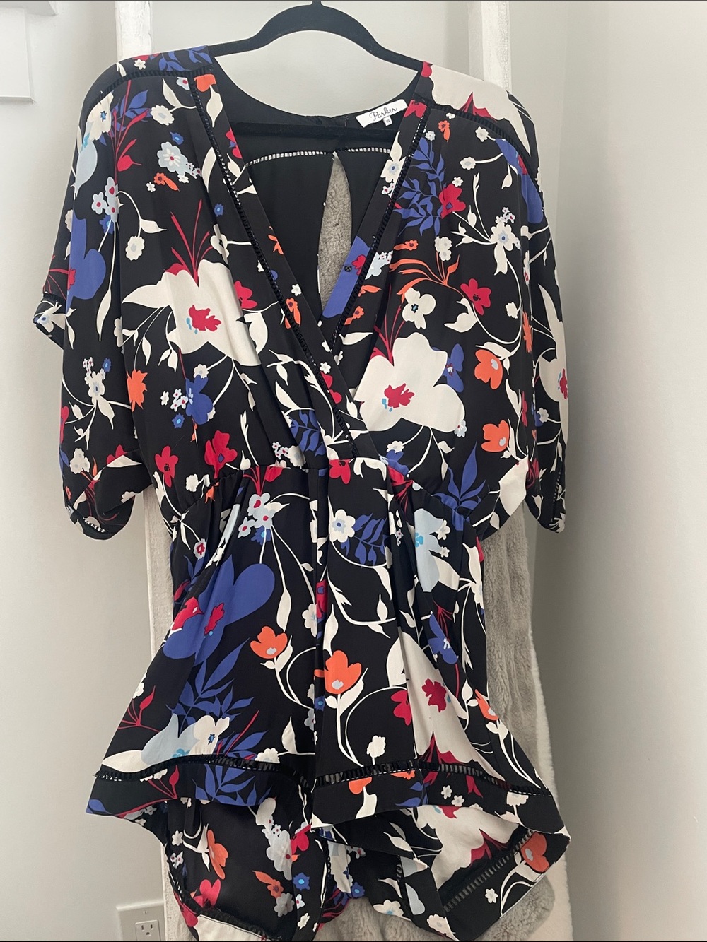 Parker Black Floral V-Neck Short Sleeve romper with slight open back
